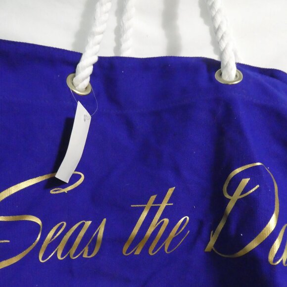 TRINA TURK BEACH TOTE | Blue Corduroy With Gold Seas The Day Print | NWOT - Picture 5 of 16
